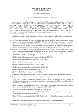 UCHWAŁA NR XXIX/184/10 RADY GMINY SIDRA Z Dnia 15 Października 2010 R. W Sprawie Zmian W Budżecie Gminy Na 2010 Rok. Na Podst