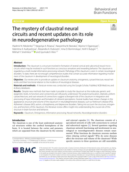 The Mystery of Claustral Neural Circuits and Recent Updates on Its Role in Neurodegenerative Pathology Vladimir N