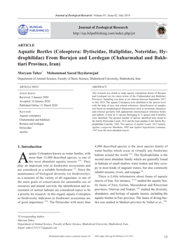 Aquatic Beetles (Coleoptera: Dytiscidae, Haliplidae, Noteridae, Hy- Drophilidae) from Borujen and Lordegan (Chaharmahal and Bakh- Tiari Province, Iran)