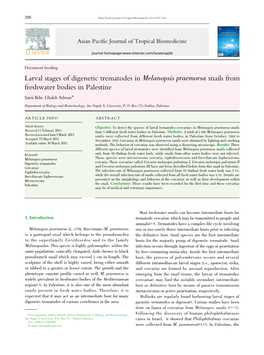 Larval Stages of Digenetic Trematodes in Melanopsis Praemorsa Snails