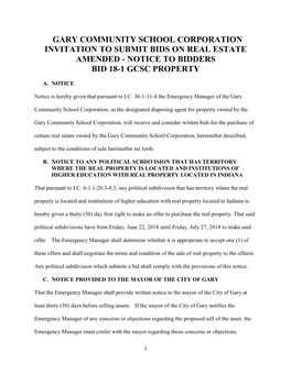 Gary Community School Corporation Invitation to Submit Bids on Real Estate Amended - Notice to Bidders Bid 18-1 Gcsc Property