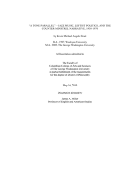 A Tone Parallel‖—Jazz Music, Leftist Politics, and the Counter-Minstrel Narrative, 1930-1970