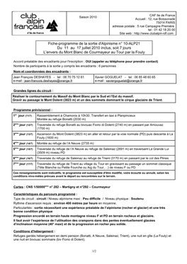 Fiche-Programme De La Sortie De Ski De Montagne N° S