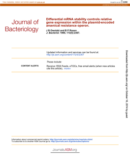 Arsenical Resistance Operon. Gene Expression Within the Plasmid-Encoded Differential Mrna Stability Controls Relative