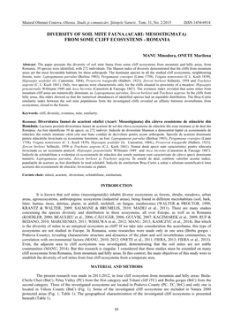 Diversity of Soil Mite Fauna (Acari: Mesostigmata) from Some Cliff Ecosystems - Romania