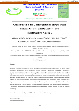 Contribution to the Characterization of Peri-Urban Natural Areas of Sidi Bel Abbes Town (Northwestern Algeria)