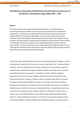 Antimilitarism, Citizenship and Motherhood: the Formation and Early Years of the Women’S International League (WIL), 1915 – 1919