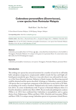 Codonoboea Personatiflora (Gesneriaceae), a New Species from Peninsular Malaysia