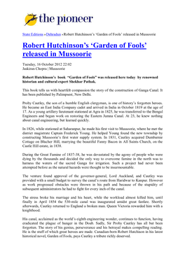 Robert Hutchinson‟S „Garden of Fools‟ Released in Mussoorie