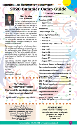 2020 Summer Camp Guide Table of Contents Plan for Play Kids Clubs at BCS