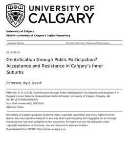 Gentrification Through Public Participation? Acceptance and Resistance in Calgary’S Inner Suburbs