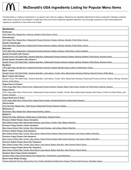 Mcdonald's USA Ingredients Listing for Popular Menu Items