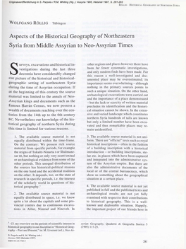 Aspects of the Historical Geography of Northeastern Syria from Middle Assyrian to Neo-Assyrian Times