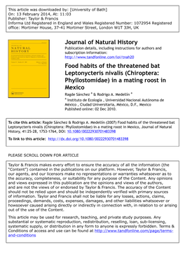 Journal of Natural History Food Habits of the Threatened Bat