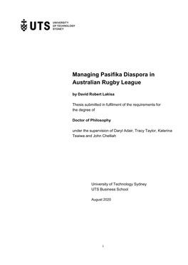 Managing Pasifika Diaspora in Australian Rugby League by David Robert Lakisa