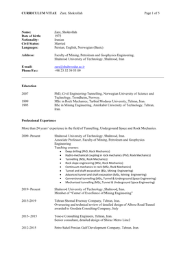 CURRICULUM VITAE Zare, Shokrollah Page 1 of 5