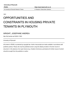 Opportunities and Constraints in Housing Private Tcnants in Plymouth Josephine Andrea Wright a Thesis Submitted in Partial Fulfi