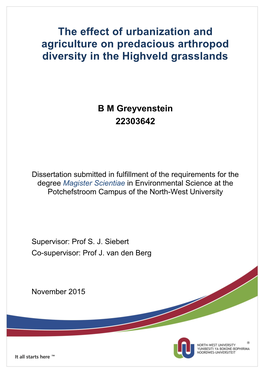 The Effect of Urbanization and Agriculture on Predacious Arthropod Diversity in the Highveld Grasslands