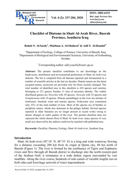 Checklist of Diatoms in Shatt Al-Arab River, Basrah Province, Southern Iraq