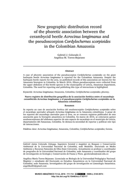 Acrocinus Longimanus and the Pseudoscorpion Cordylochernes Scorpioides in the Colombian Amazonia