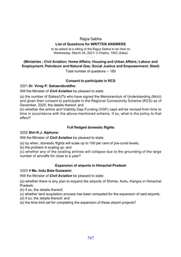 Rajya Sabha List of Questions for WRITTEN ANSWERS to Be Asked at a Sitting of the Rajya Sabha to Be Held on Wednesday, March 24, 2021/ 3 Chaitra, 1943 (Saka)