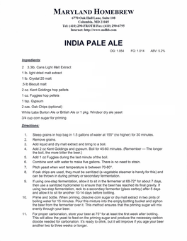 India Pale Ale Og: 1.054 Fg: 1.014 Abv: 5.2%