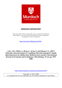 Molecular Characterization of 'Candidatus Borrelia Tachygl