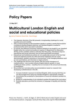 Policy Papers Multicultural London English and Social and Educational Policies