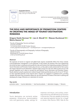 Geographia Polonica Vol. 92 No. 4 (2019), the Role and Importance of Promotion Centers in Creating the Image of Tourist Destinat
