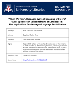 Okanagan Ways of Speaking of Elders/Fluent Speakers in Social Domains of Language-In-Use Implications for Okanagan Language Revitalization