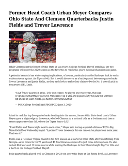Former Head Coach Urban Meyer Compares Ohio State and Clemson Quarterbacks Justin Fields and Trevor Lawrence