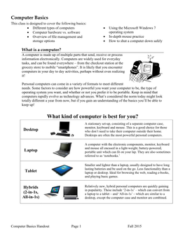 Computer Basics This Class Is Designed to Cover the Following Basics:  Different Types of Computers  Using the Microsoft Windows 7  Computer Hardware Vs