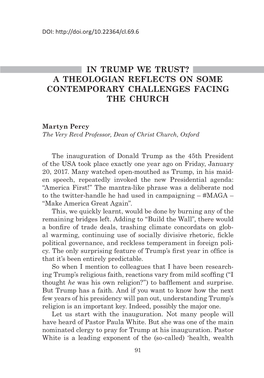 In Trump We Trust? a Theologian Reflects on Some Contemporary Challenges Facing the Church