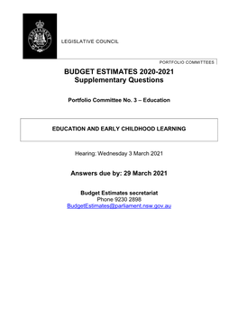 BUDGET ESTIMATES 2020-2021 Supplementary Questions