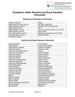 Pyrophoric, Water Reactive and Shock Sensitive Chemicals