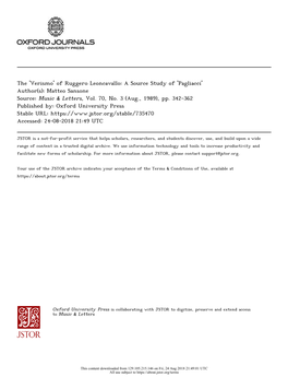 The 'Verismo' of Ruggero Leoncavallo: a Source Study of 'Pagliacci' Author(S): Matteo Sansone Source: Music & Letters, Vol