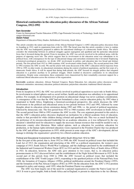 Historical Continuities in the Education Policy Discourses of the African National Congress, 1912-1992