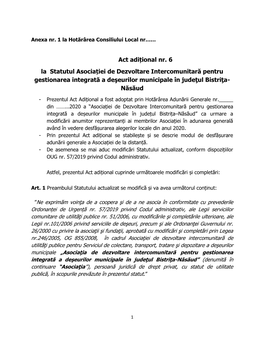 Act Adițional Nr. 6 La Statutul Asociației De Dezvoltare Intercomunitară Pentru Gestionarea Integrată a Deşeurilor Municipale În Judeţul Bistriţa- Năsăud