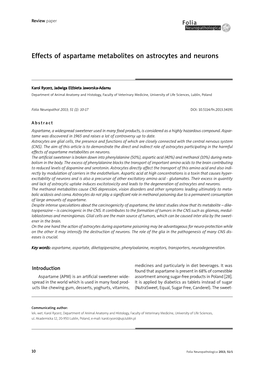 Effects of Aspartame Metabolites on Astrocytes and Neurons