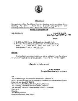 ABSTRACT Reorganization of the Tamil Nadu Electricity Board As Per