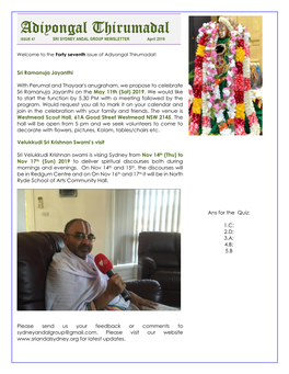 Adiyongal Thirumadal ISSUE 47 SRI SYDNEY ANDAL GROUP NEWSLETTER April 2019