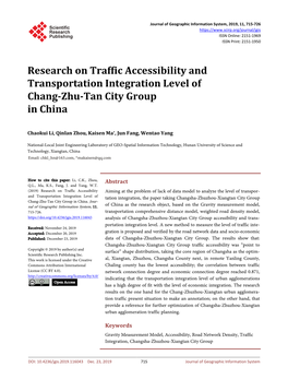 Research on Traffic Accessibility and Transportation Integration Level of Chang-Zhu-Tan City Group in China