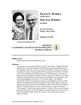 Interview with Frank E. Marble and Oral Lee Marble