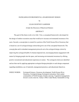 INCREASING ENVIRONMENTAL AWARENESS by DESIGN by LEAH COURTNEY GARDNER (Under the Direction of Marycarol Hunter) ABSTRACT The