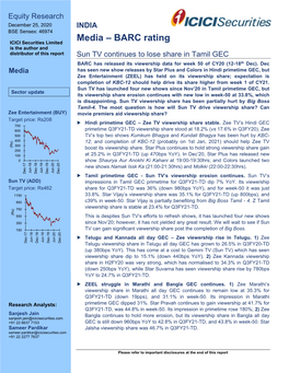 BARC Rating Is the Author and Distributor of This Report Sun TV Continues to Lose Share in Tamil GEC