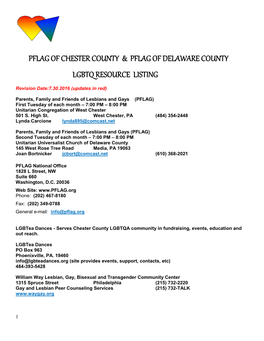 Pflag of Chester County & Pflag of Delaware County Lgbtq Resource Listing