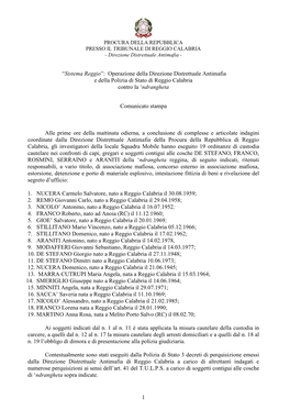 1 “Sistema Reggio”: Operazione Della Direzione Distrettuale Antimafia E