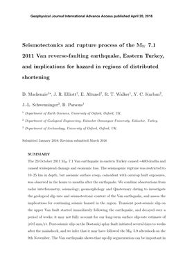 Seismotectonics and Rupture Process of the MW€7.1 2011 Van Reverse