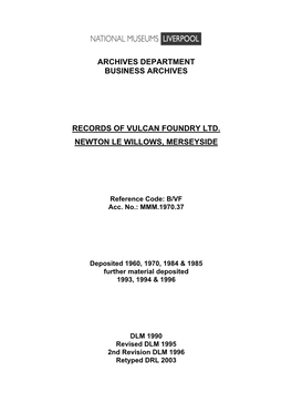 Archives Department Business Archives Records of Vulcan Foundry