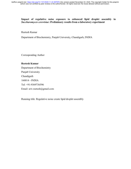 Impact of Regulative Noise Exposure to Enhanced Lipid Droplet Assembly in Saccharomyces Cerevisiae: Preliminary Results from a Laboratory Experiment